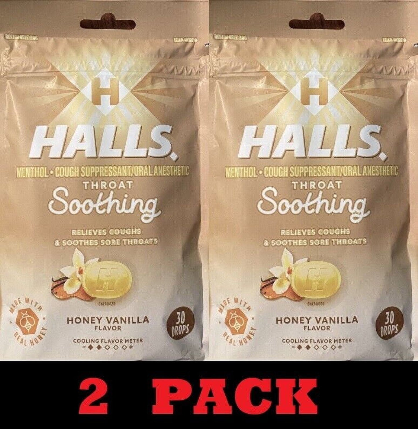 2x Halls HONEY VANILLA Throat Soothing Lozenges Menthol Cough Suppressant 2 BAGS