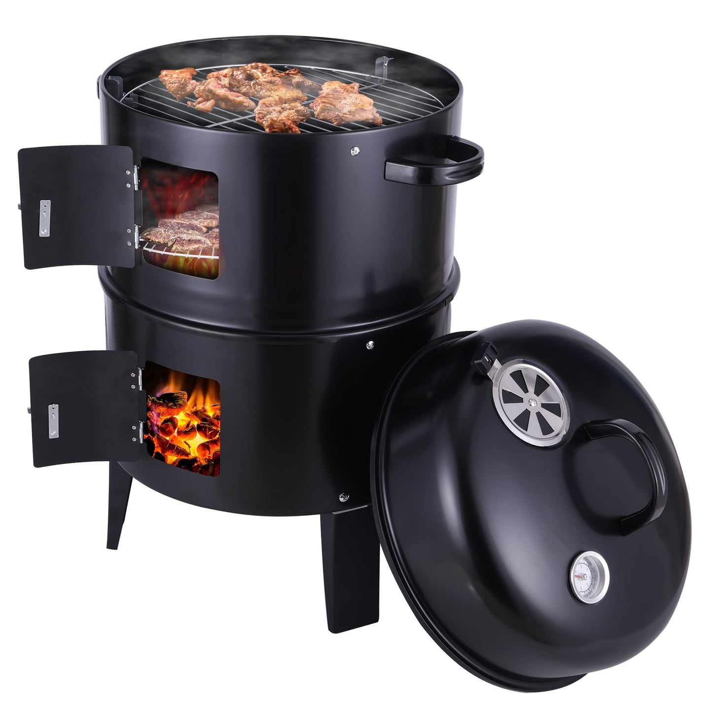 3 In 1 Tower Vertical Barrel Charcoal BBQ Grill Smoker, Portable Fire Pit For Outdoor Camping with Built in Thermometer