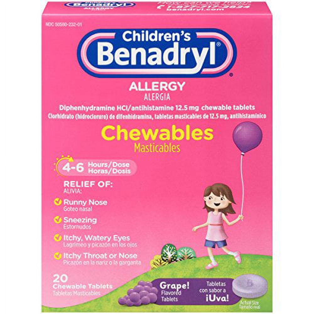 3 Pack Childrens Benadryl Allergy Chewables Grape 20 Tablets Each