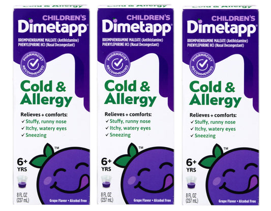 3 Pack Dimetapp Children's Cold & Allergy Grape Flavor 8 oz Each