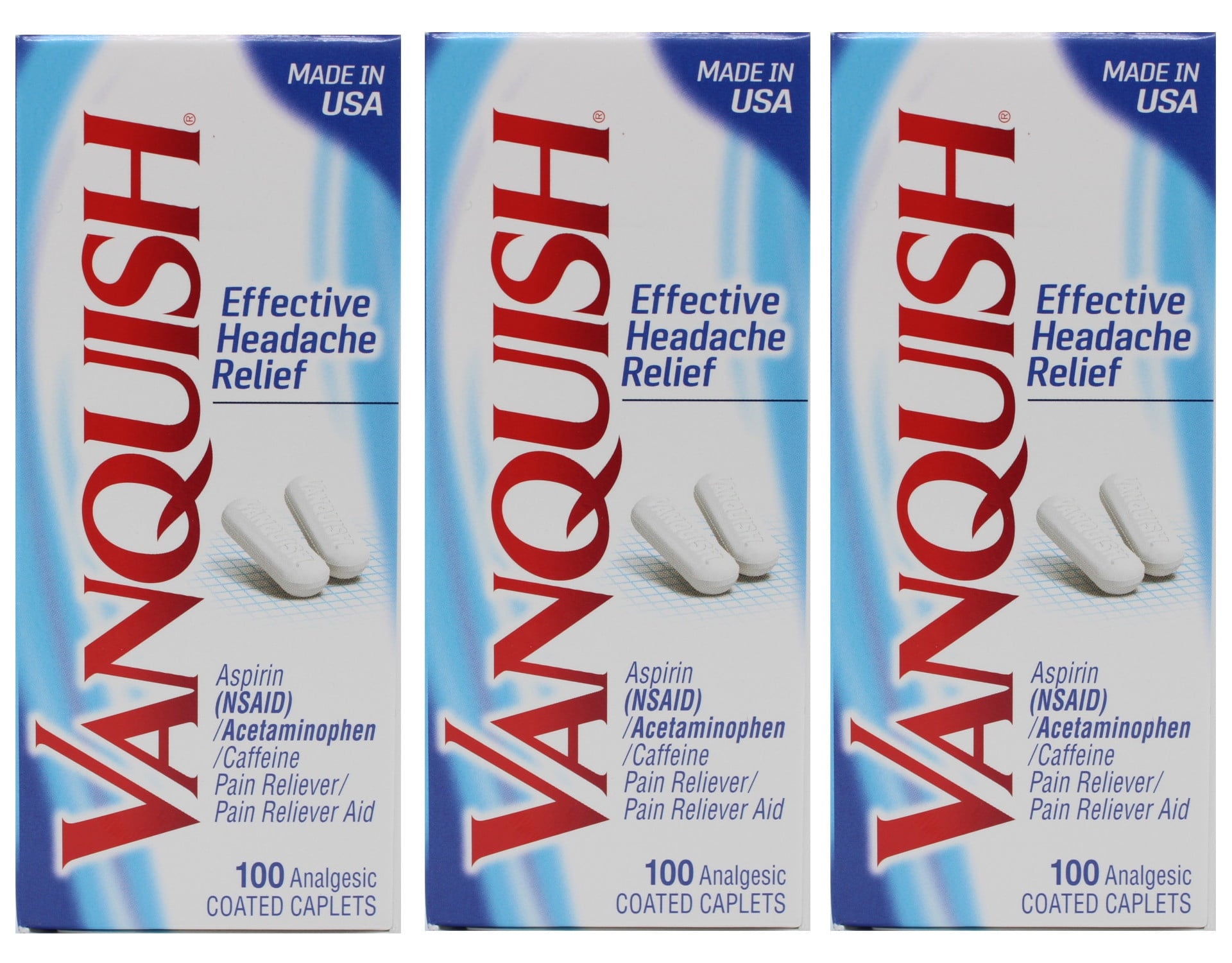 3 Pack - Vanquish Pain Reliever Effective Headache Relief, 100 Caplets Each