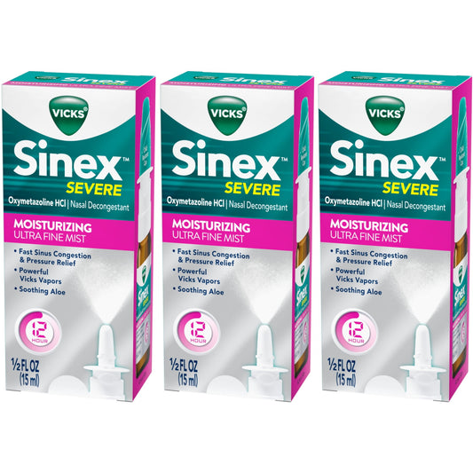 3 Pack Vicks Sinex Severe Moisturizing Aloe Ultra Fine Mist, 0.5 Ounces Each