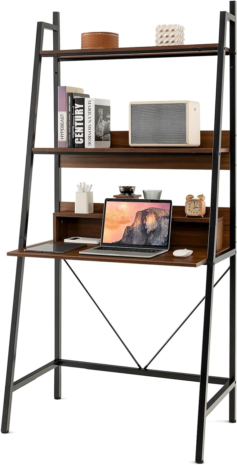 3-Tier Ladder Computer Desk, 71 Inch Modern Writing Desk with Storage Shelves, PC Laptop Workstation, Ladder Bookcase Stand Shelf with Metal Frame, Study Shelf Desk for Home Office (Brown)