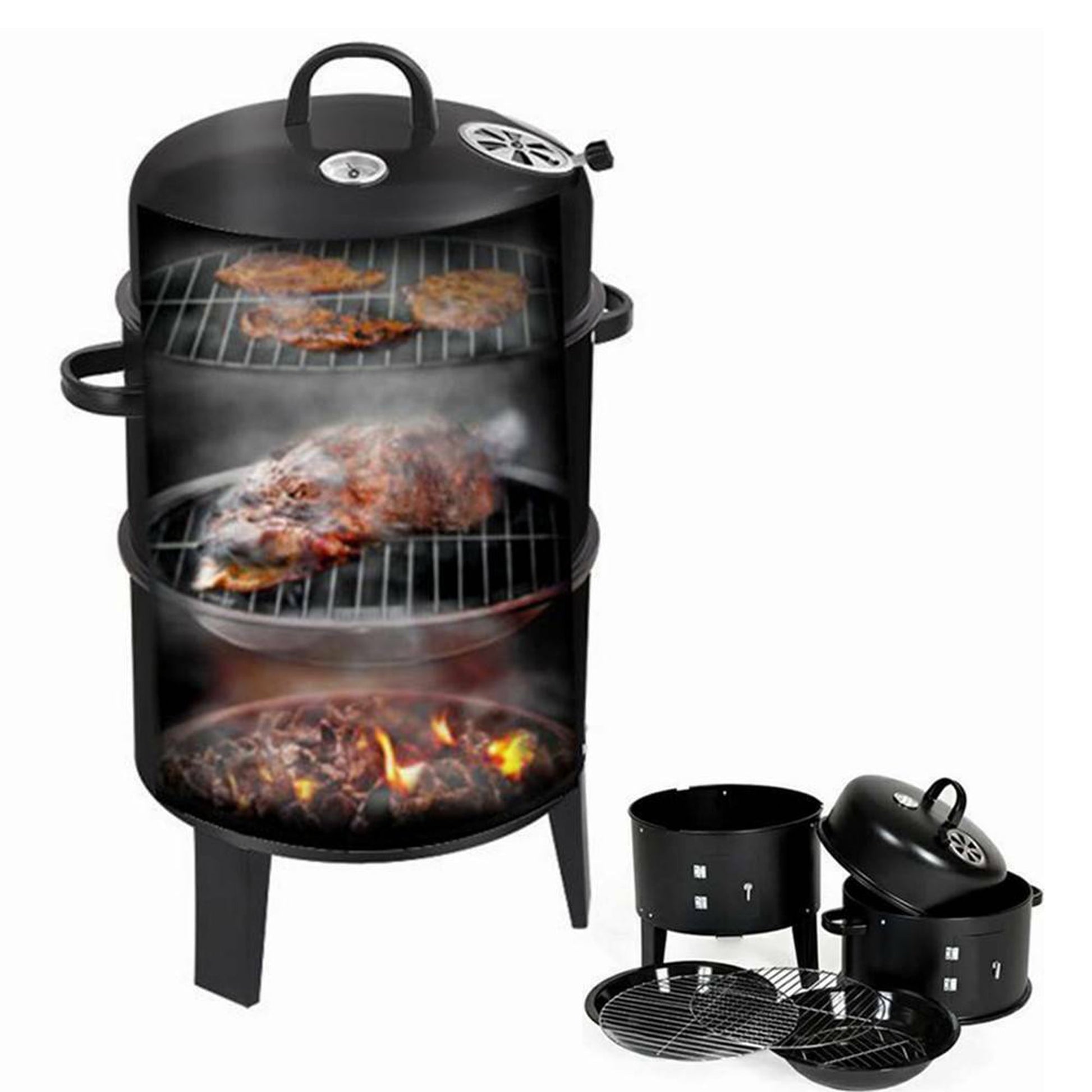 3 in 1 Charcoal Vertical Smoker Grill BBQ Roaster Steel Barbecue Cooker Outdoor