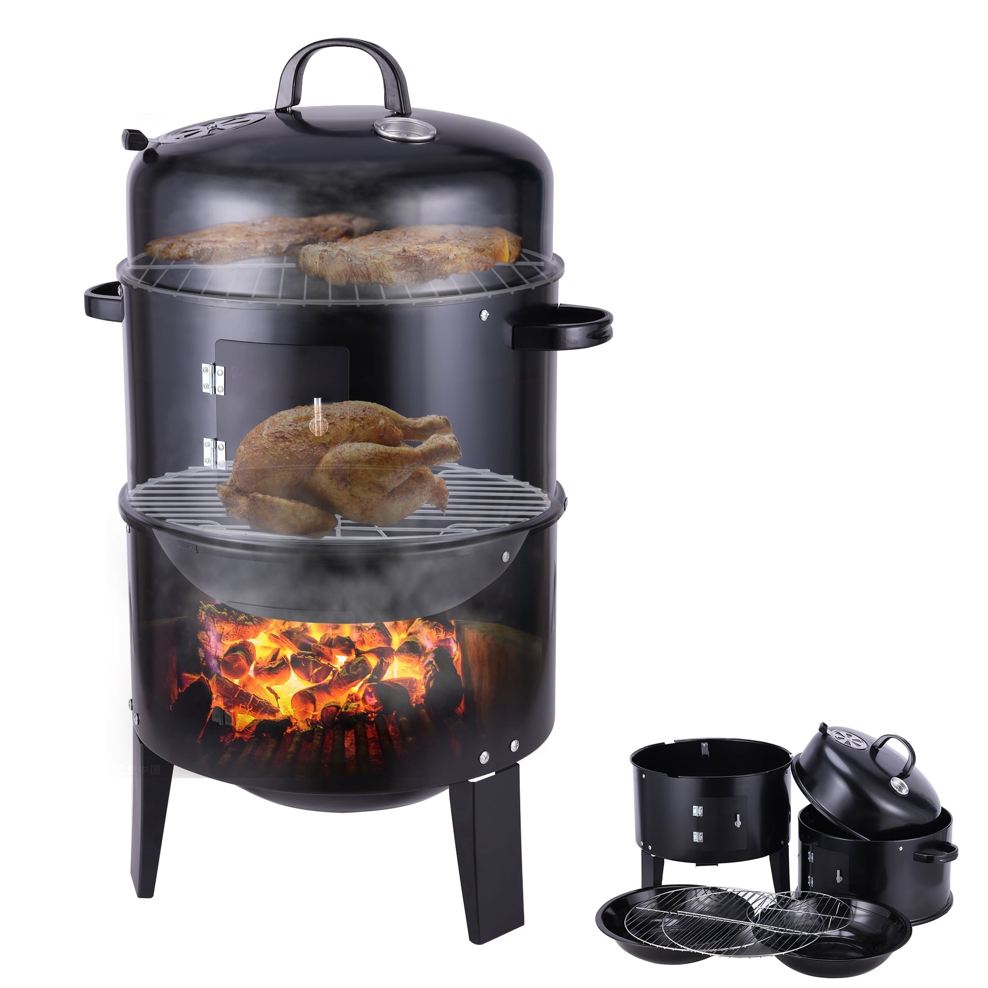 3-in-1 Vertical Charcoal Smoker Portable BBQ Smoker Grill Detachable Small Charcoal Grill for Backyard Patio Barbecue Camping