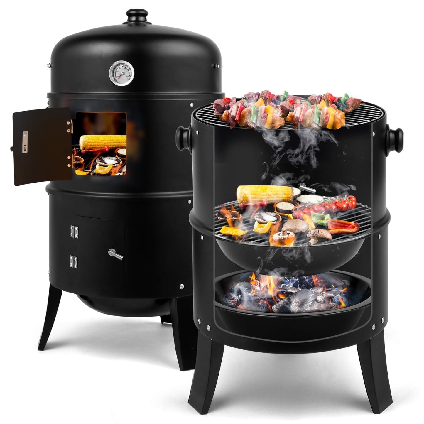 3-in-1 Vertical Multi-Layer Charcoal BBQ Smoker, 31 x 16 x 19 Inch Outdoor Grill Smoker with Built-in Thermometer, Round Small Barrel Grill for Outdoor Backyard Cooking Grilling Camping