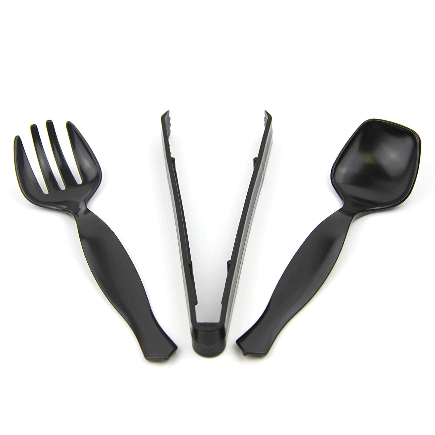 [30 Pack] 10 x 9" Spoons, 10 x 9" Forks, 10 x 9" Tongs Combo, Black Disposable Plastic Serving Utensils Set, Heavy Duty Catering Supplies, Wedding, Birthday Party, Buffet