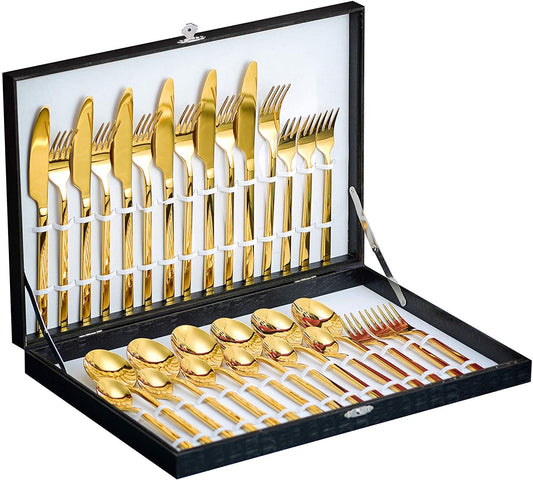 30-Piece Gold Silverware Set Cutlery Set, Velaze 18/10 Stainless Steel Utensils Service for 6 Person Include Dinner Spoon, Dinner Fork, Dinner Knife, Dessert Fork and Tea Spoon, Mirror Polished Design