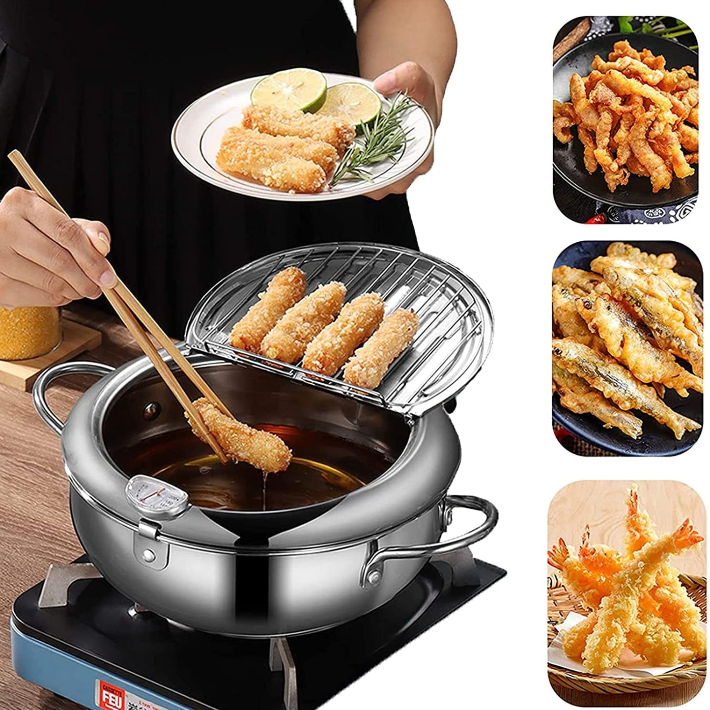 304 Stainless Steel Deep Frying Pot Japanese Style Deep Frying Pan Tempura Deep Fryer Pot with Thermometer and Oil Drip Drainer Rack 9.4"