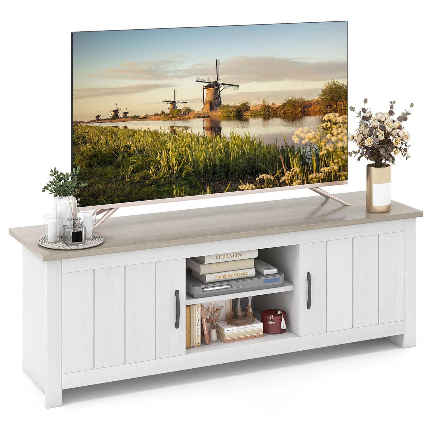 Farmhouse TV Stand for TVs up to 65'' Media Console Center with Doors Cubbies