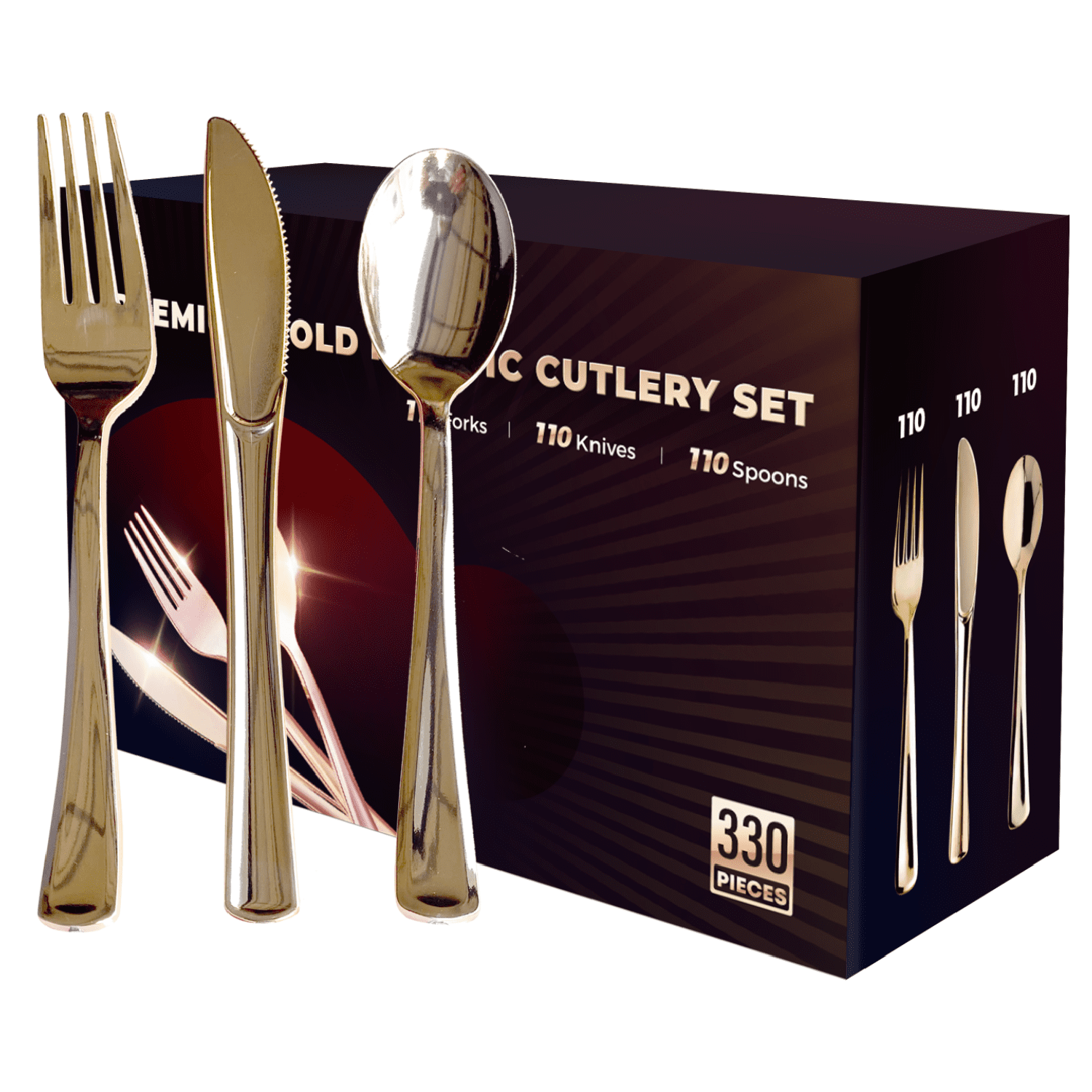 330 PC Gold Plastic Silverware Gold Disposable Silverware Gold Plastic Cutlery Gold Utensils Set Disposable 110 Gold Forks 110 Gold Spoons 110 Knives Sets For Parties Birthday Wedding Modern Flatware