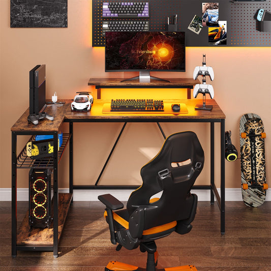 L-Shaped Computer Desk with LED Lights and Monitor Stand - 48" Wide