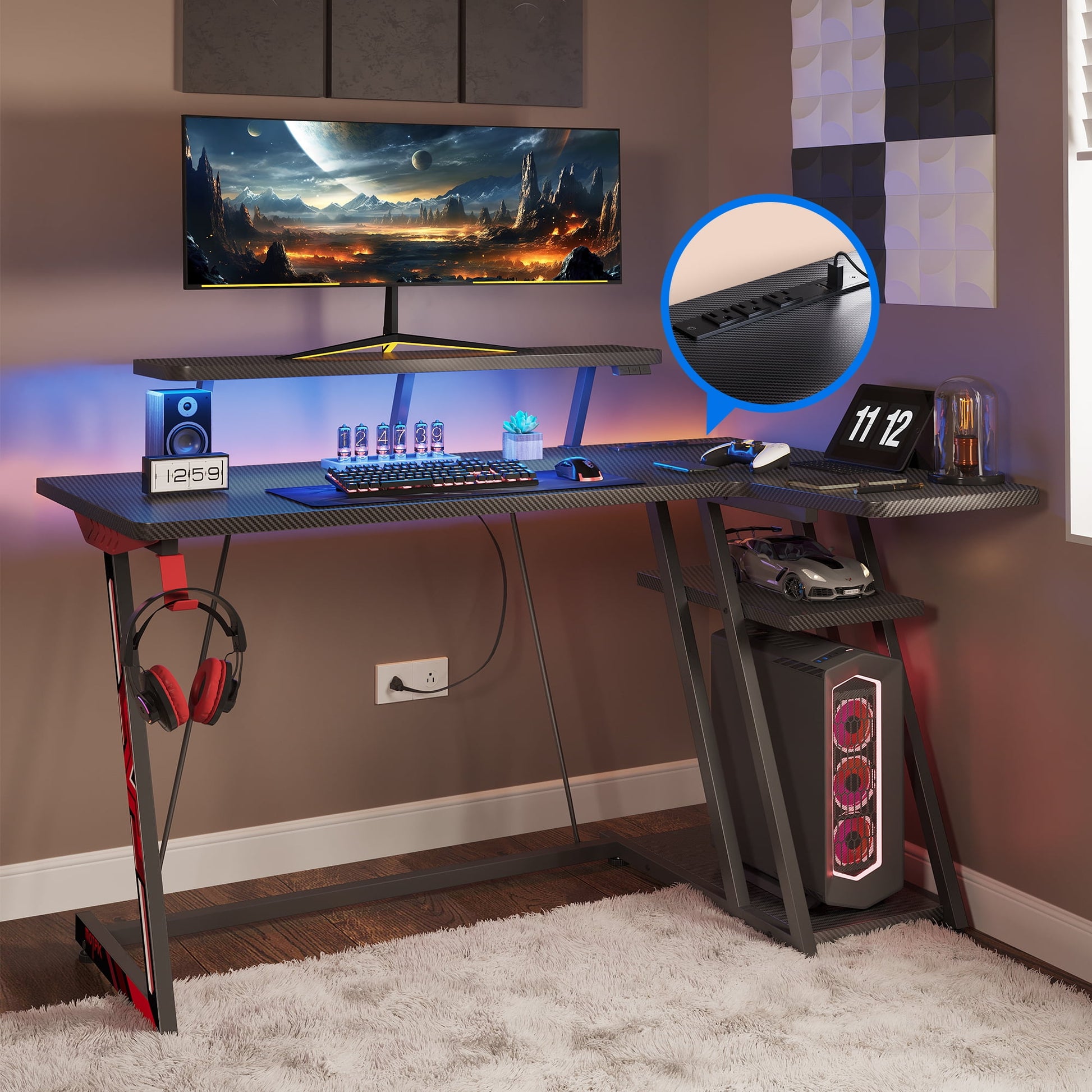 KKL 39 inch Gaming Desk L Shaped with Storage Shelf & Power Outlets, Small Corner Computer Desk with Monitor Shelf, Gamer Desk Gaming Table, Carbon Fiber Black