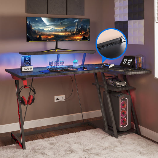 KKL 39 inch Gaming Desk L Shaped with Storage Shelf & Power Outlets, Small Corner Computer Desk with Monitor Shelf, Gamer Desk Gaming Table, Carbon Fiber Black