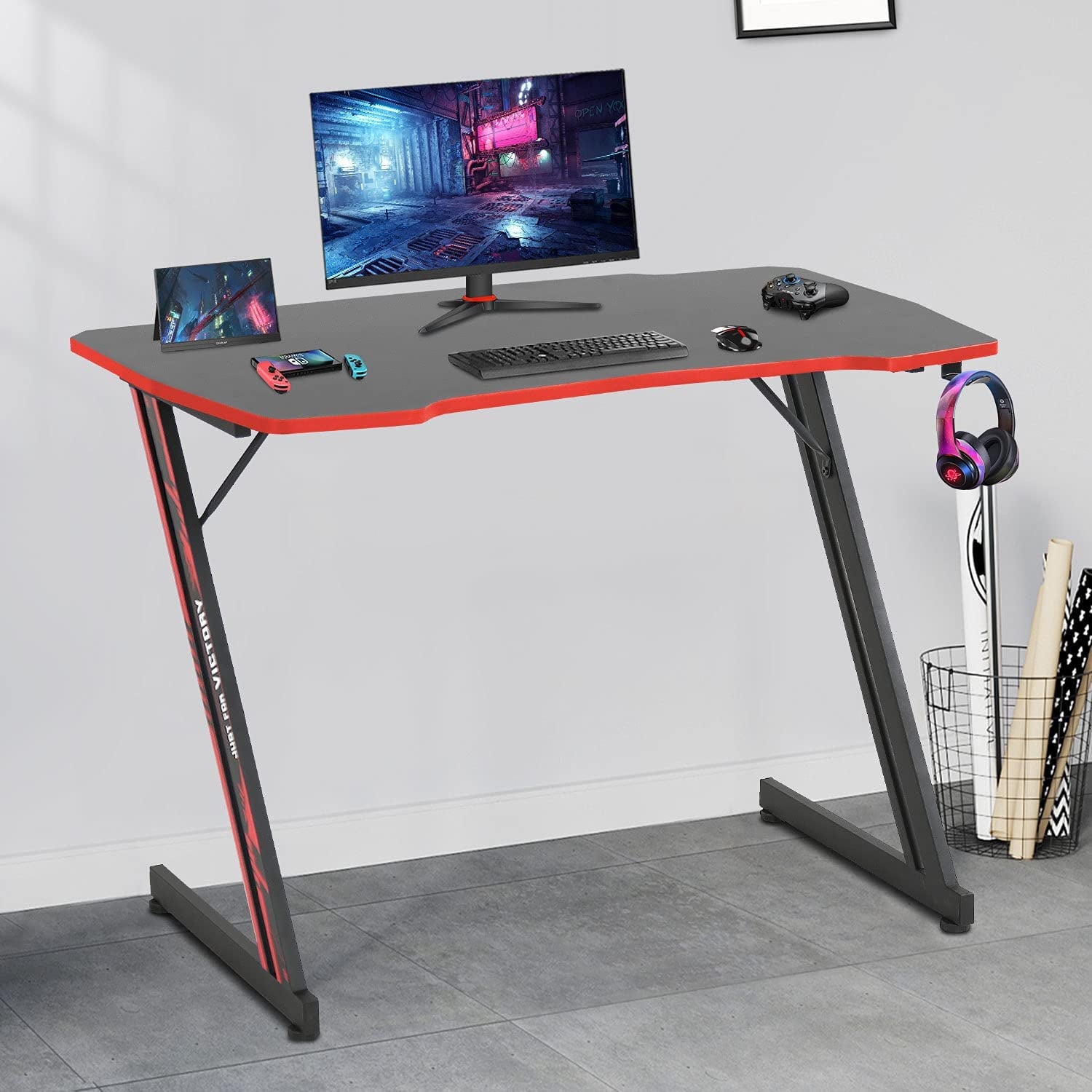 39 inch Z Shaped Ergonomic Gaming Desk PC Computer Desk with Headphone Hook for Game Players,Red