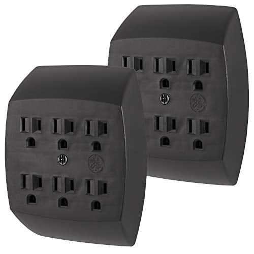 GE 6-Outlet Extender Wall Tap, 2 Pack, Grounded Adapter, Charging Station, 3-Prong, Secure Install, UL Listed, Black, 57318