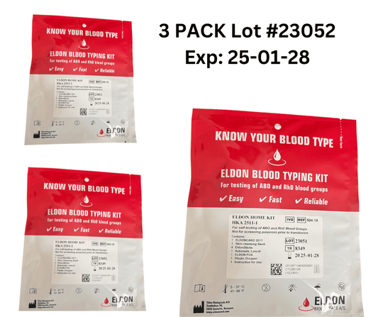 3 PACK EldonCard Blood Type Test Testing Kit w/ Instructions ABOAB & RHESUS D  LOT #23051 Expiration Date 01/28/2025