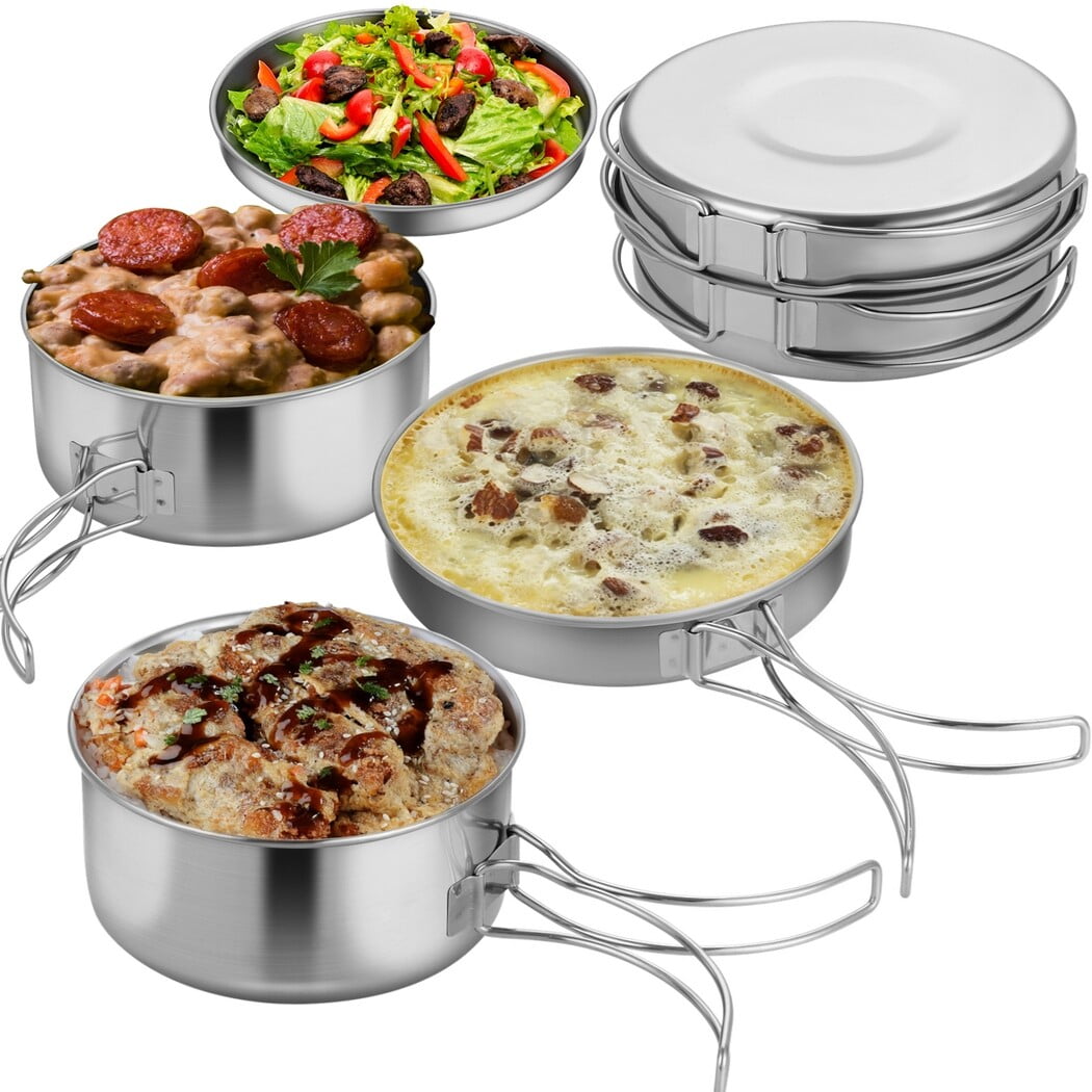 4 PCS Camping Cookware Set, Portable Lightweight Stainless Steel Pots with Storage Bag, Stackable Cooking Pot Pan Plate Set for Mountaineering, Hiking, Picnic, Outdoor Activities