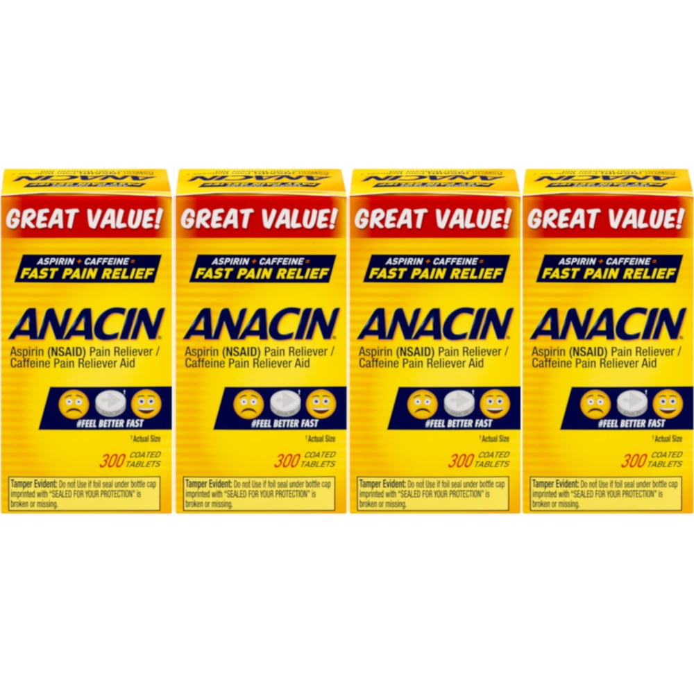 4 Pack Anacin Fast Pain Relief Aspirin & Caffeine Pain Reliever 300 Tablets Each