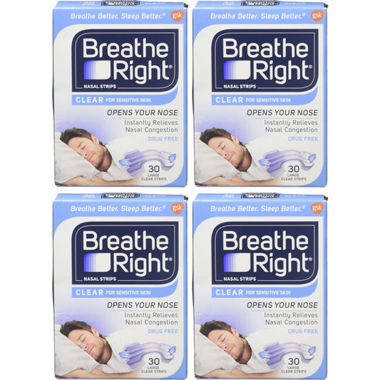 Breathe Right For Sensitive Skin Nasal Strips, Clear, Large, 30 Ct (4 pack)