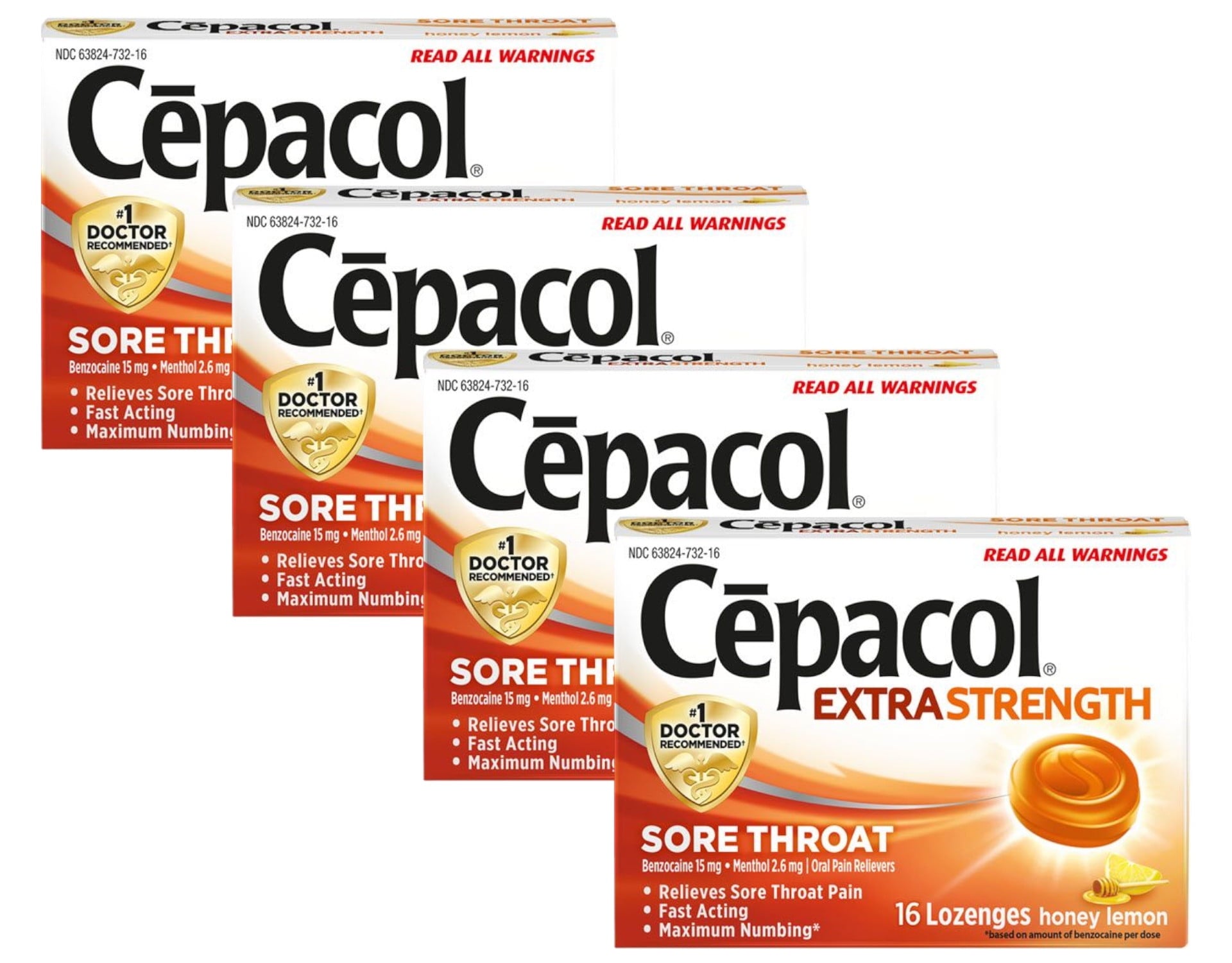 4 Pack Cepacol Extra Strength Sore Throat Honey Lemon 16 Lozenges Each