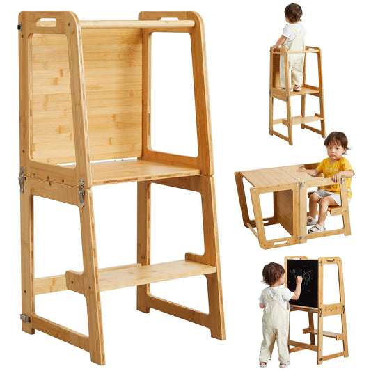 4-in-1 Standing Tower for Toddlers and Kids 1-6 Years, Bamboo Kitchen Learning Helper Stool with Chalkboard, Desk Table, and Chair (Natural)