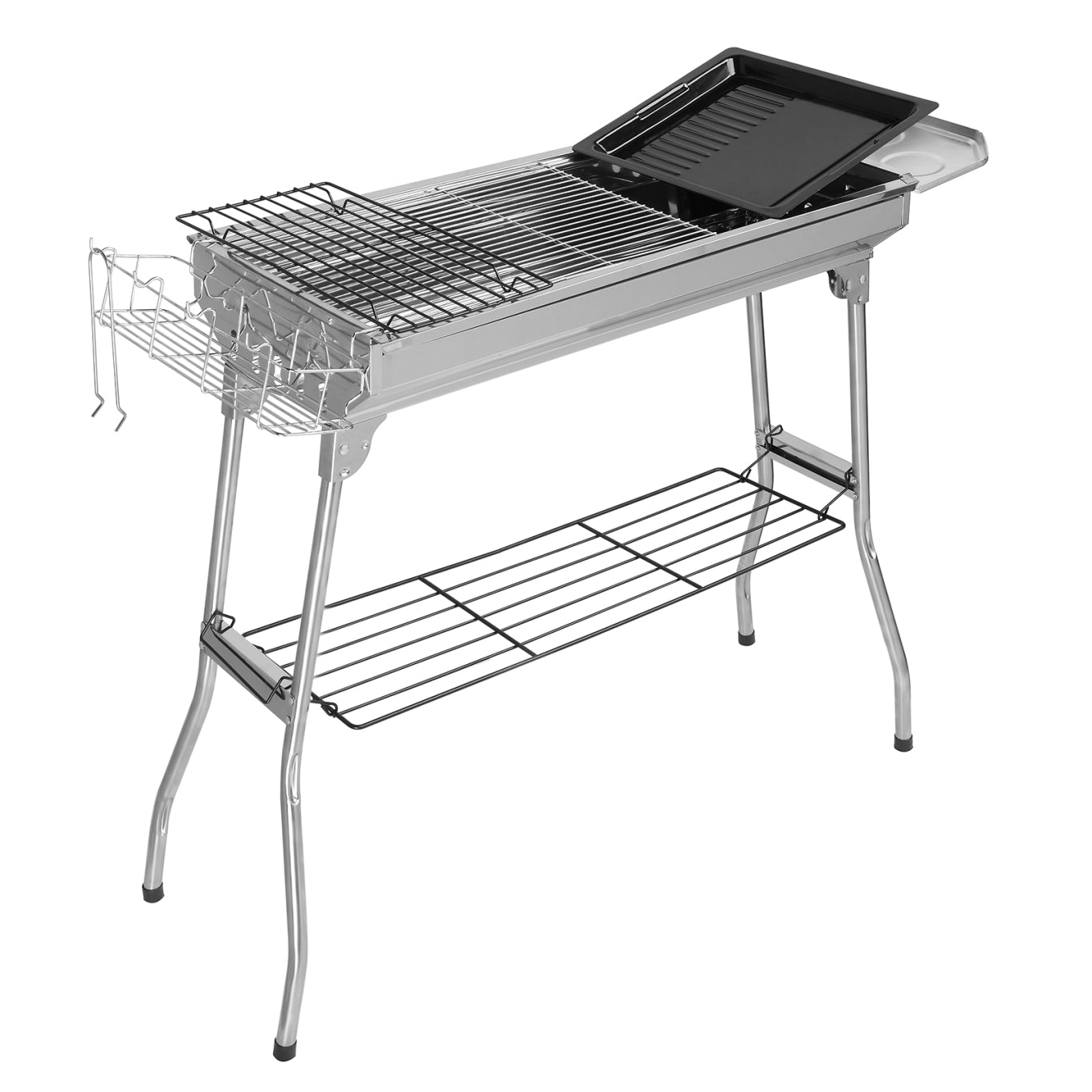 40 inches Charcoal Grill, Portable Stainless Steel Smoker Shelves, Kebab BBQ Grill Stands with Hanging Basket and Enamel Baking Tray for Travel Outdoor Cooking Camping Hiking Picnic Backyard