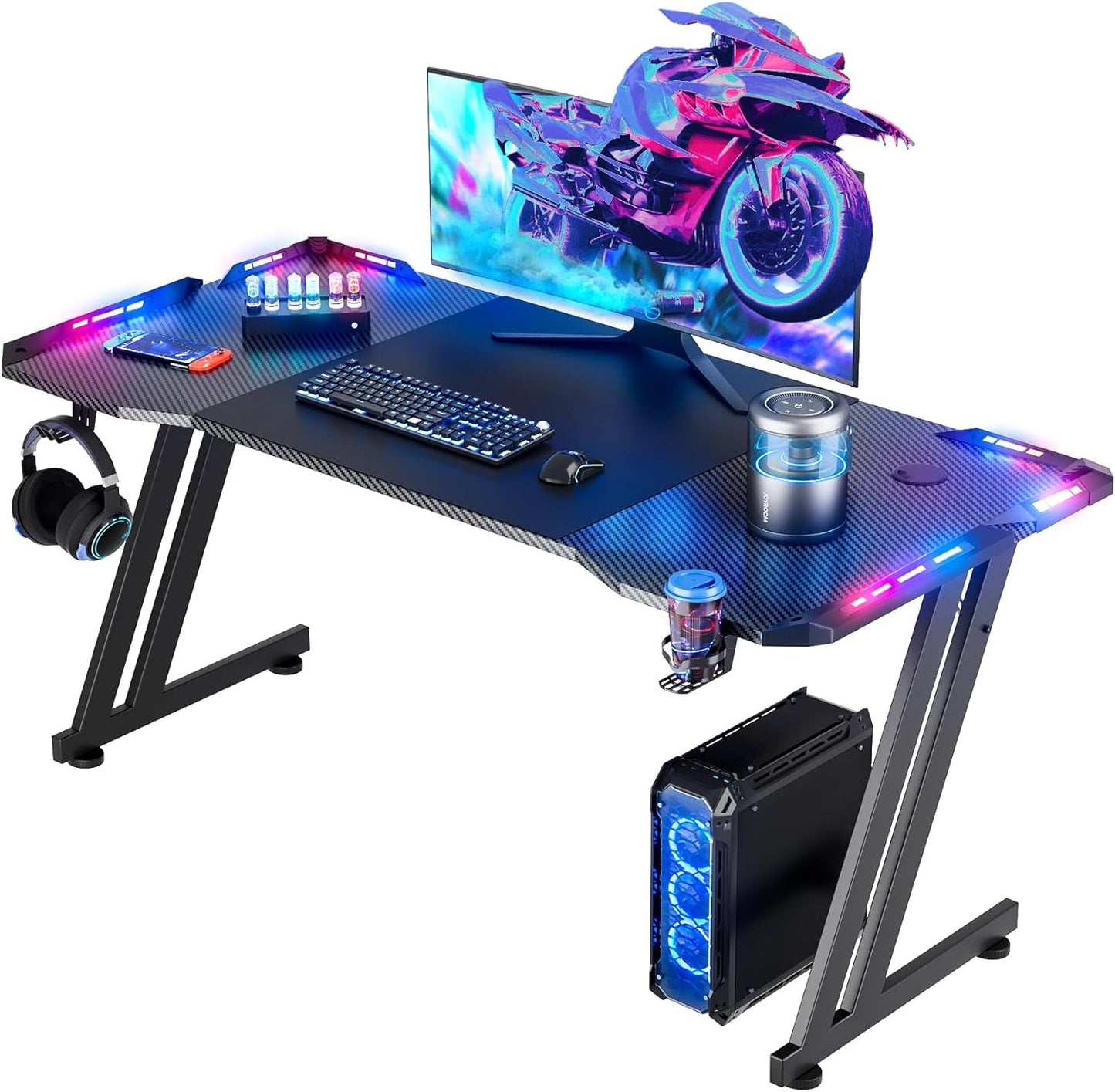 47 Inch Gaming Desk with LED Lights Carbon Fibre Surface Gaming Table Large Computer Desk Ergonomic Home Office Desks Z Shaped PC Gamer Workstations with Cup Holder & Headphone Hook