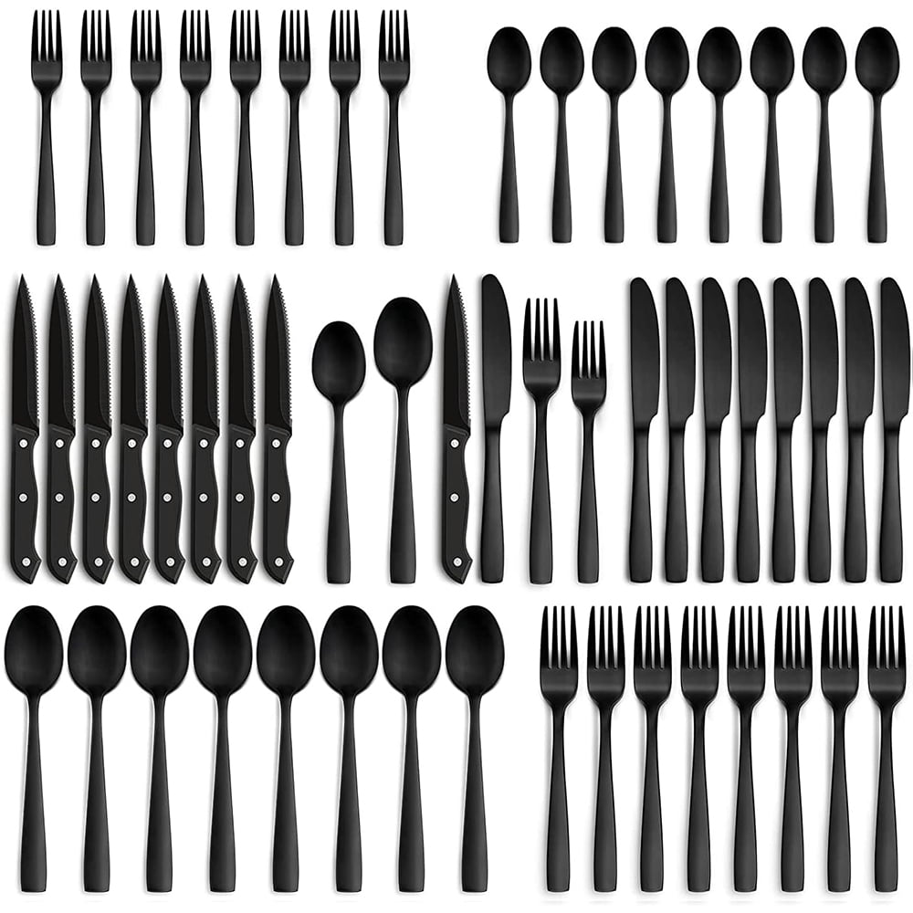 48-Pieces Black Silverware Set Stainless Steel Flatware Cutlery Utensil Set Spoons