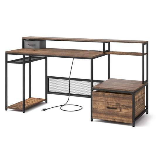 Costway 67" Computer Desk with Monitor Stand & File Drawer Power Outlets & USB Ports