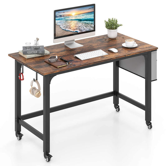 Costway 1 PCS Rolling Computer Desk Metal Frame PC Laptop Table Wood Top Study Workstation