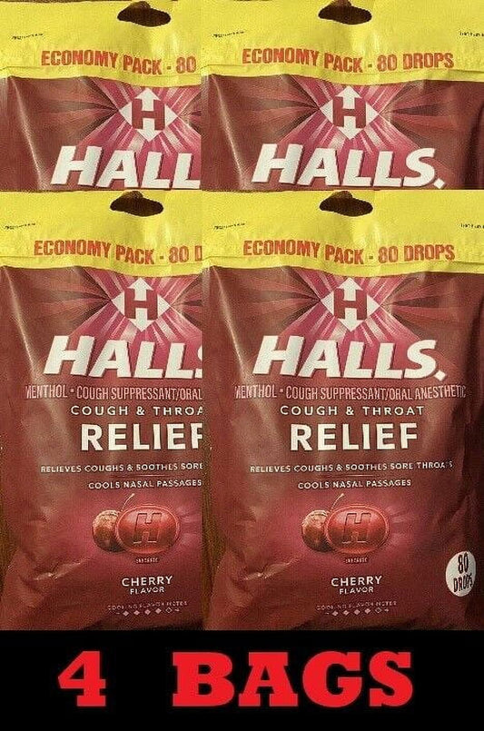 4x Halls ECONOMY PACK Cherry Cough & Throat Relief 320 Cough Drops 4 BAGS PACKS