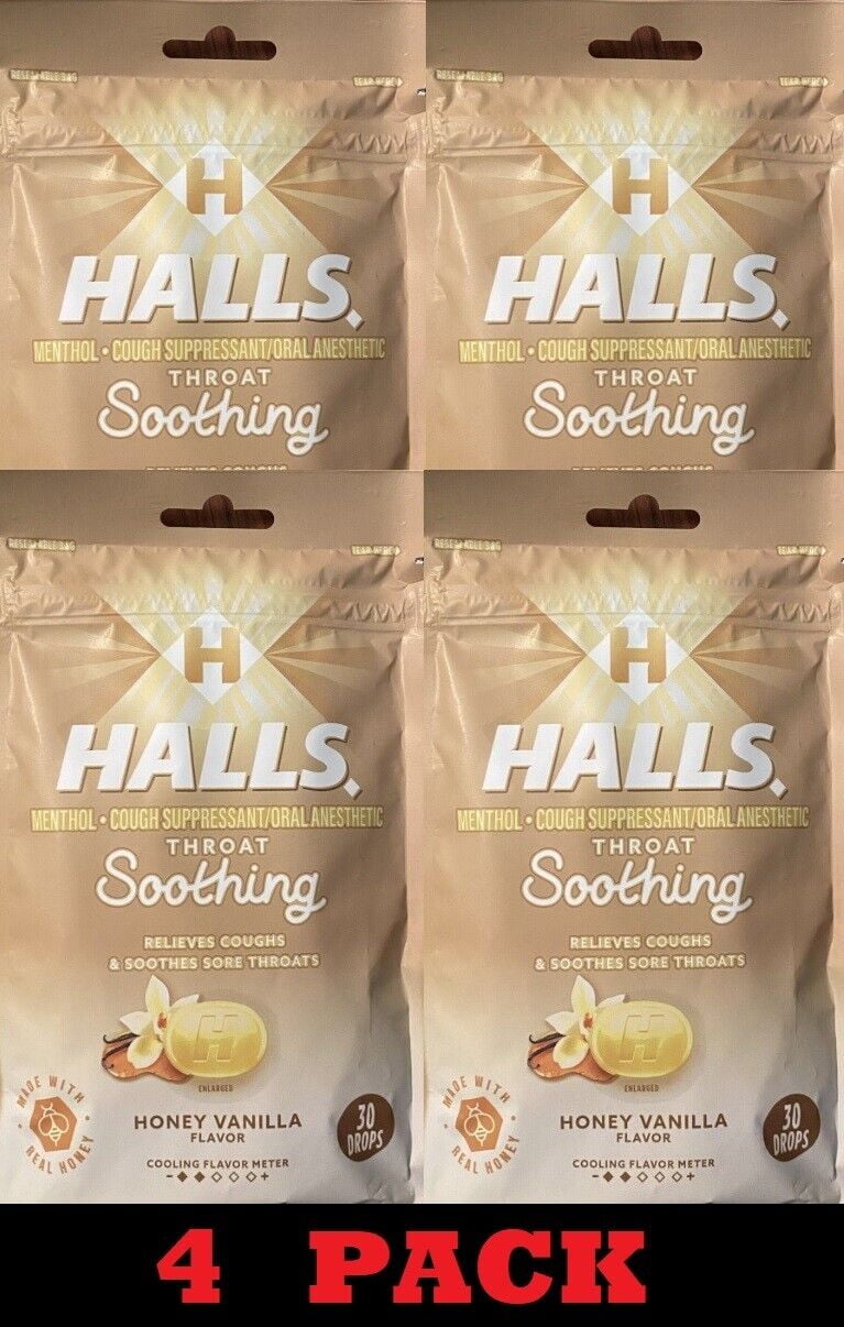 4x Halls HONEY VANILLA Throat Soothing Lozenges Menthol Cough Suppressant 4 BAGS