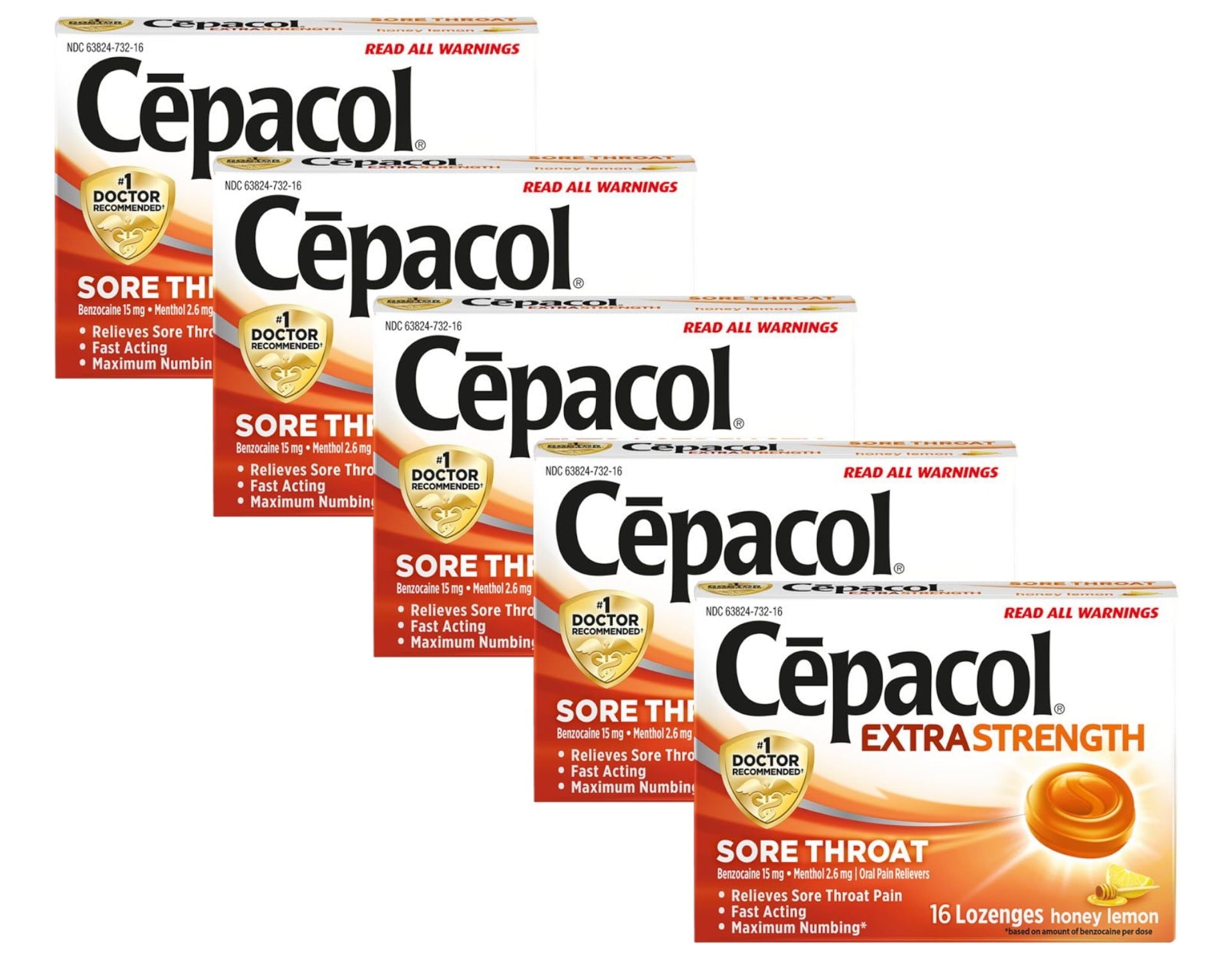 5 Pack Cepacol Extra Strength Sore Throat Honey Lemon 16 Lozenges Each