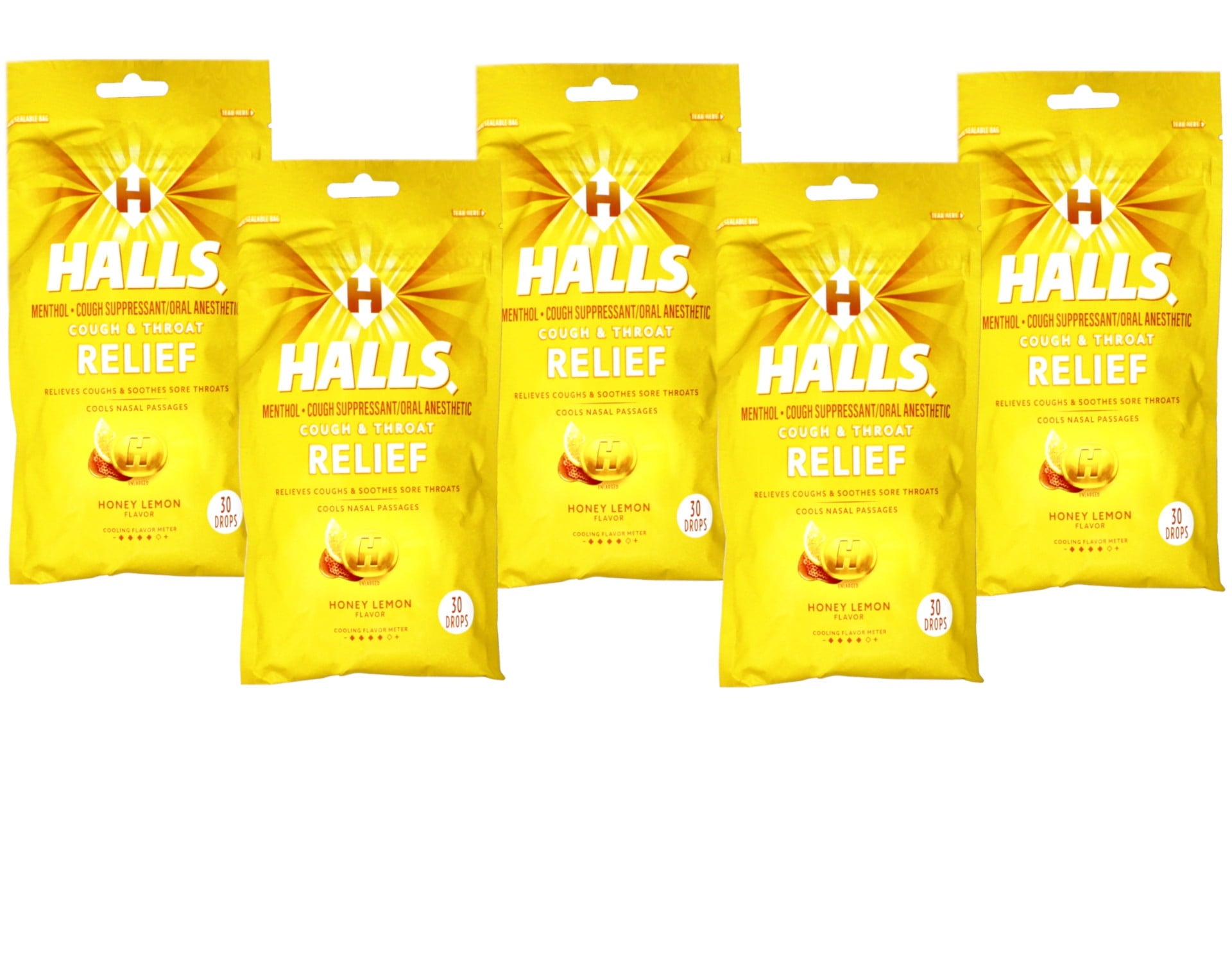 5 Pack Halls Mentho-Lyptus Drops Honey-Lemon Cough Suppressant 30 Each