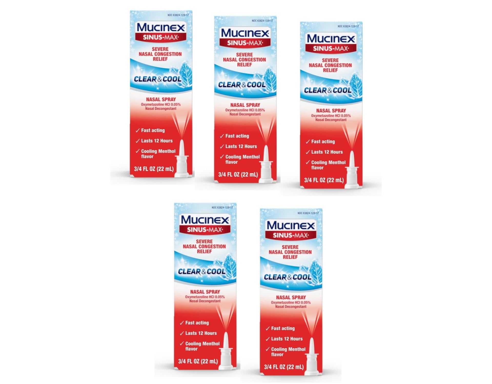 5 Pack Mucinex Sinus-Max Clear & Cool Nasal Decongestant Spray, 0.75 Ounces Each