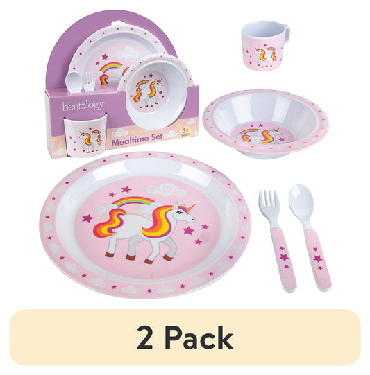 (2 pack) Bentology 5 Pc Mealtime Baby Feeding Set for Kids and Toddlers - Includes Plate, Bowl, Cup, Fork and Spoon Utensil Flatware - Durable, Dishwasher Safe, BPA Free - Unicorn