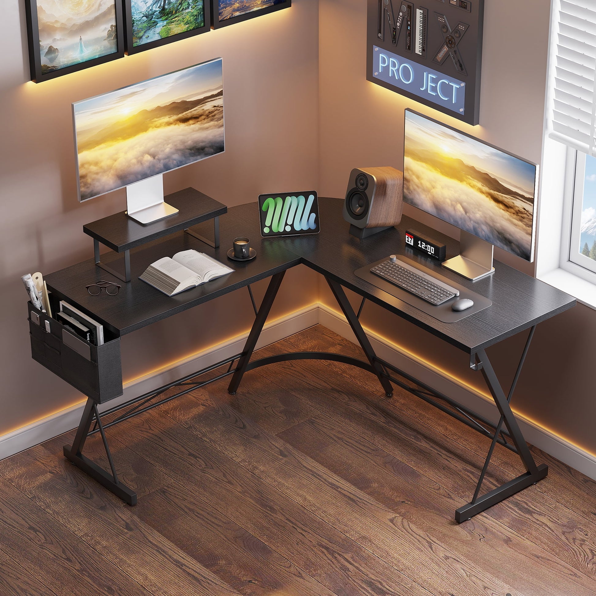 51" L Shaped Gaming Desk, Computer Desk with Monitor Stand Desk Workstation, Natural Black