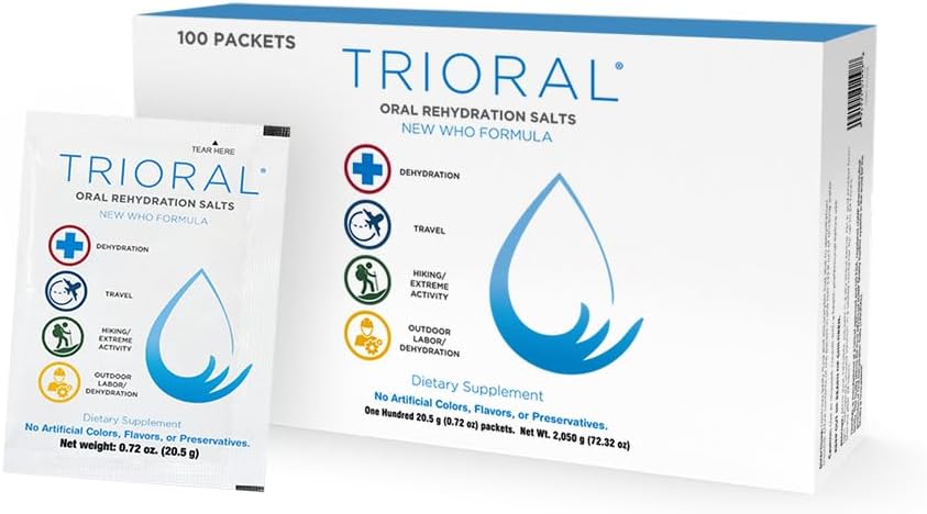 TRIORAL Rehydration Electrolyte Powder - WHO Hydration Supplement Salts Formula - Combat Dehydration from Workouts, Fluid Loss and Much More - 100 Drink Mix Packets