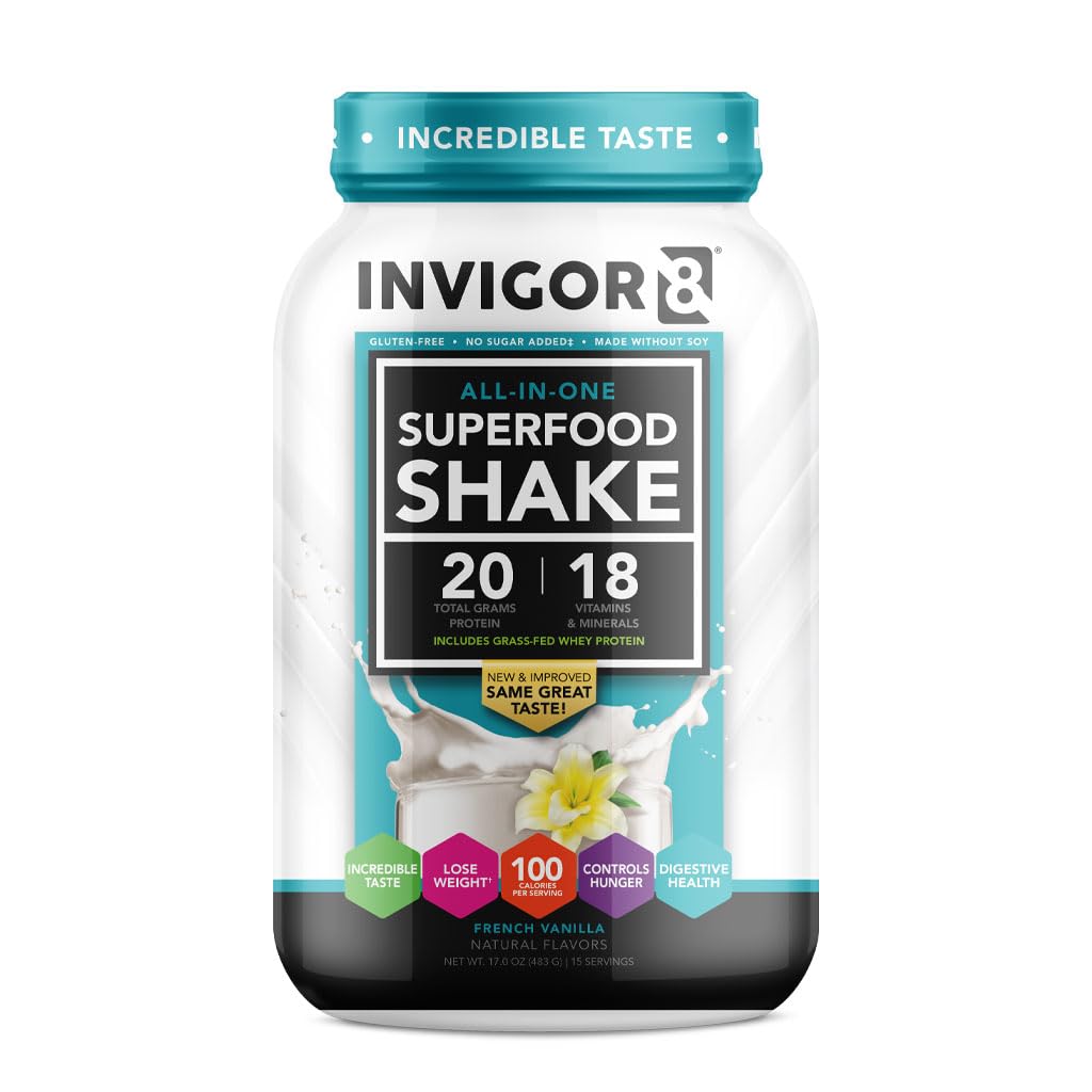 INVIGOR8 Superfood Grass Fed Whey Protein Isolate Shake French Vanilla Gluten-Free and Non GMO Meal Replacement with Probiotics and Omega 3 (645g)