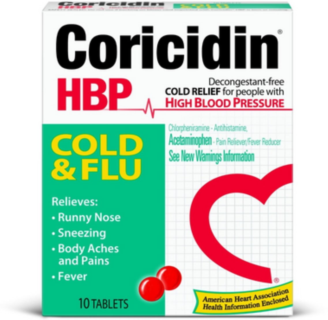 Coricidin HBP Cold & Flu Tablets, 10 ea (Pack of 4)