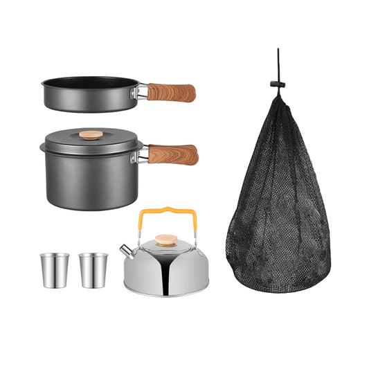 5Pcs Camping Cookware Set Stainless Steel Camping Cooking Tools Portable Folded Handle Camping Pot Pan and Kettle for Hiking Gray