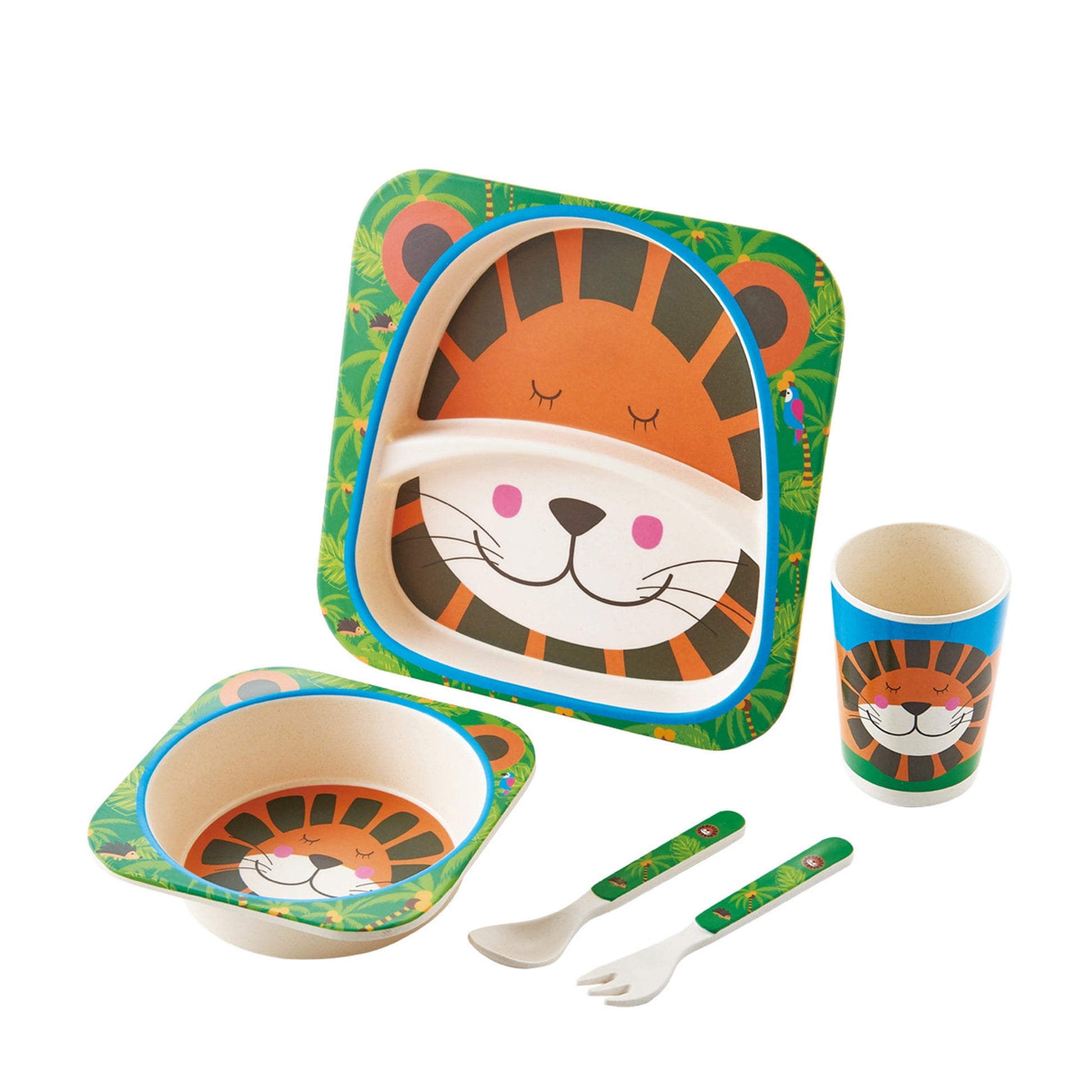 5Pcs/Set Bamboo Kids Dinnerware Set - Children Dishes - BPA Free Food Plate Bowl Cup Spoon Fork Set Dishware, Cartoon Tableware - Lion