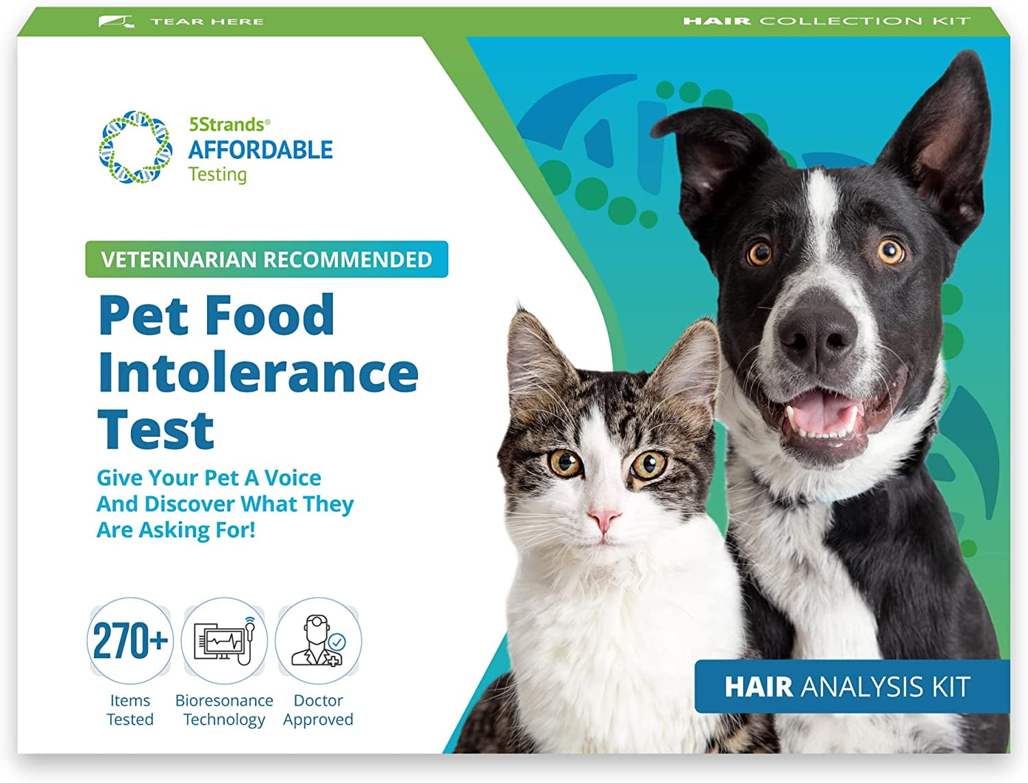 5Strands Pet Food Intolerance Test, at Home Sensitivity Test for Dogs & Cats, 270 Items, Hair Analysis, Accurate for All Ages and Breed, Results in 7 Days - Protein, Grain, Preservatives