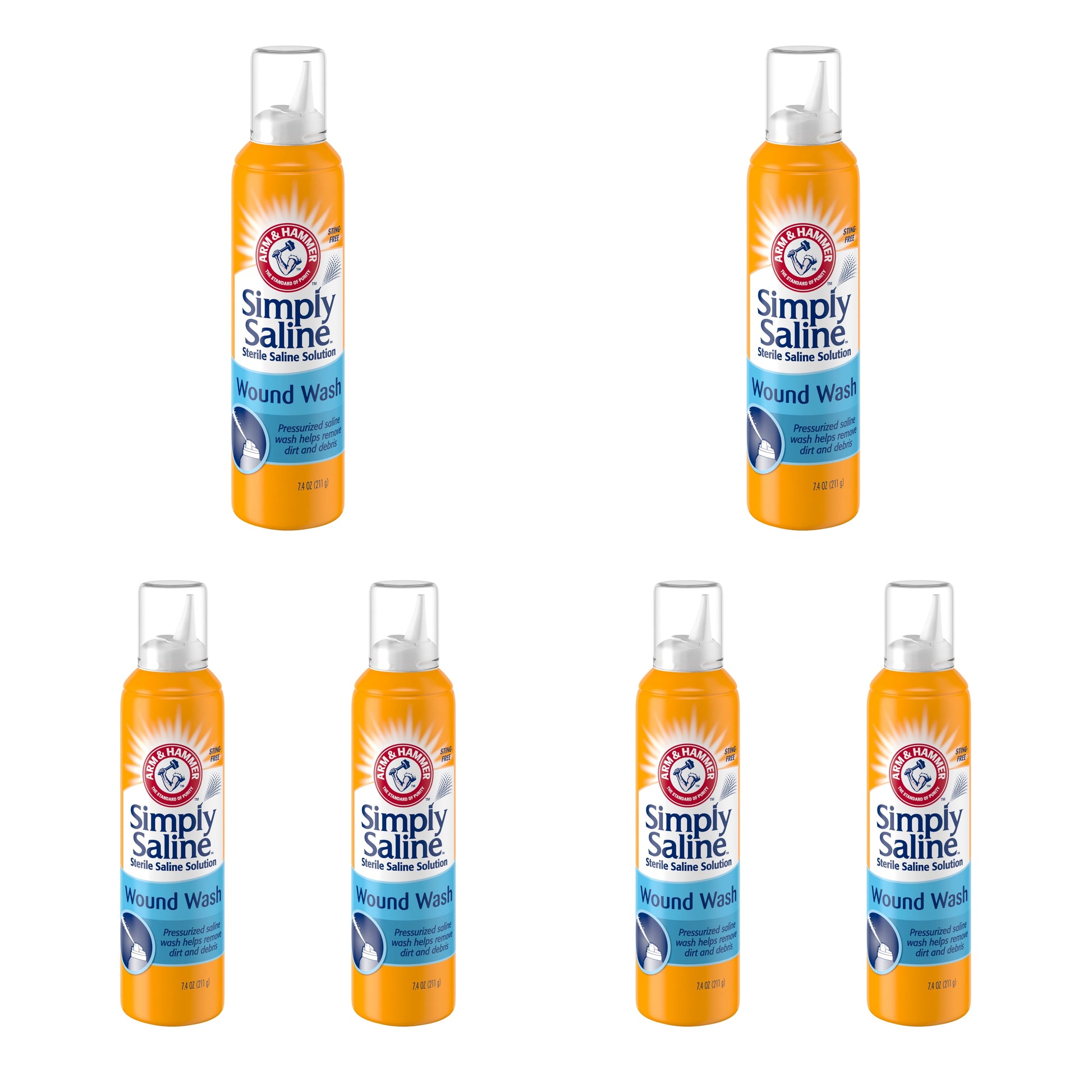 6 Pack Arm & Hammer Simply Saline Wound Wash Spray, Sting-Free, 7.4 oz each