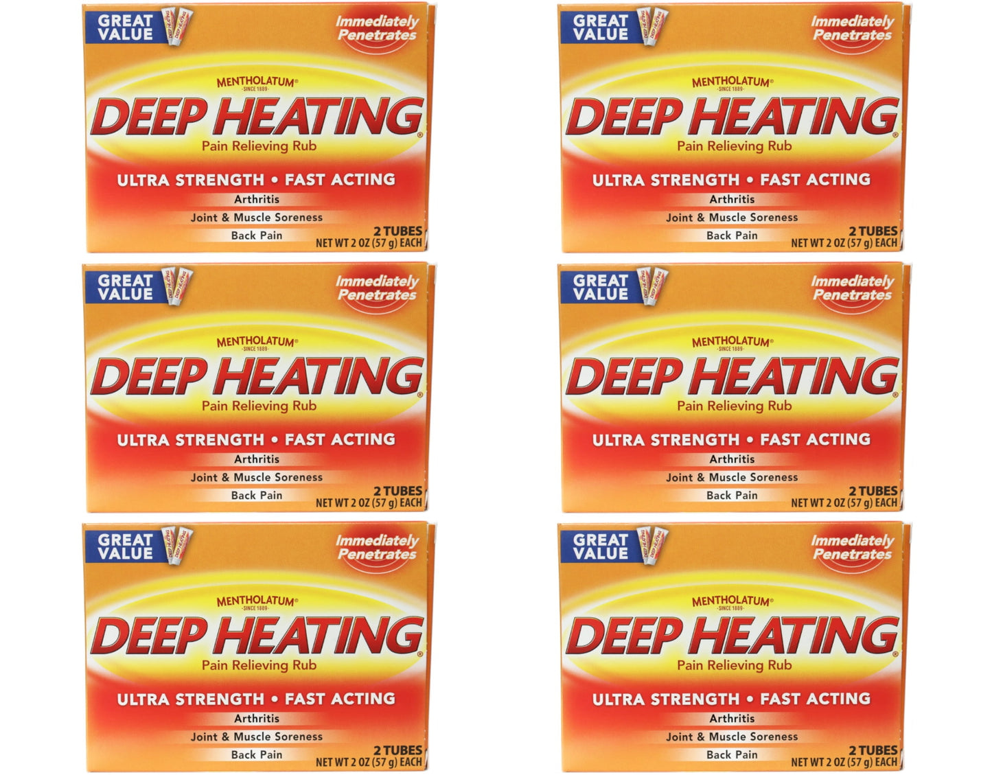 6 Pack - Mentholatum Ultra Strength Deep Heating Pain Relieving Rub 2x2Oz Tubes Ea