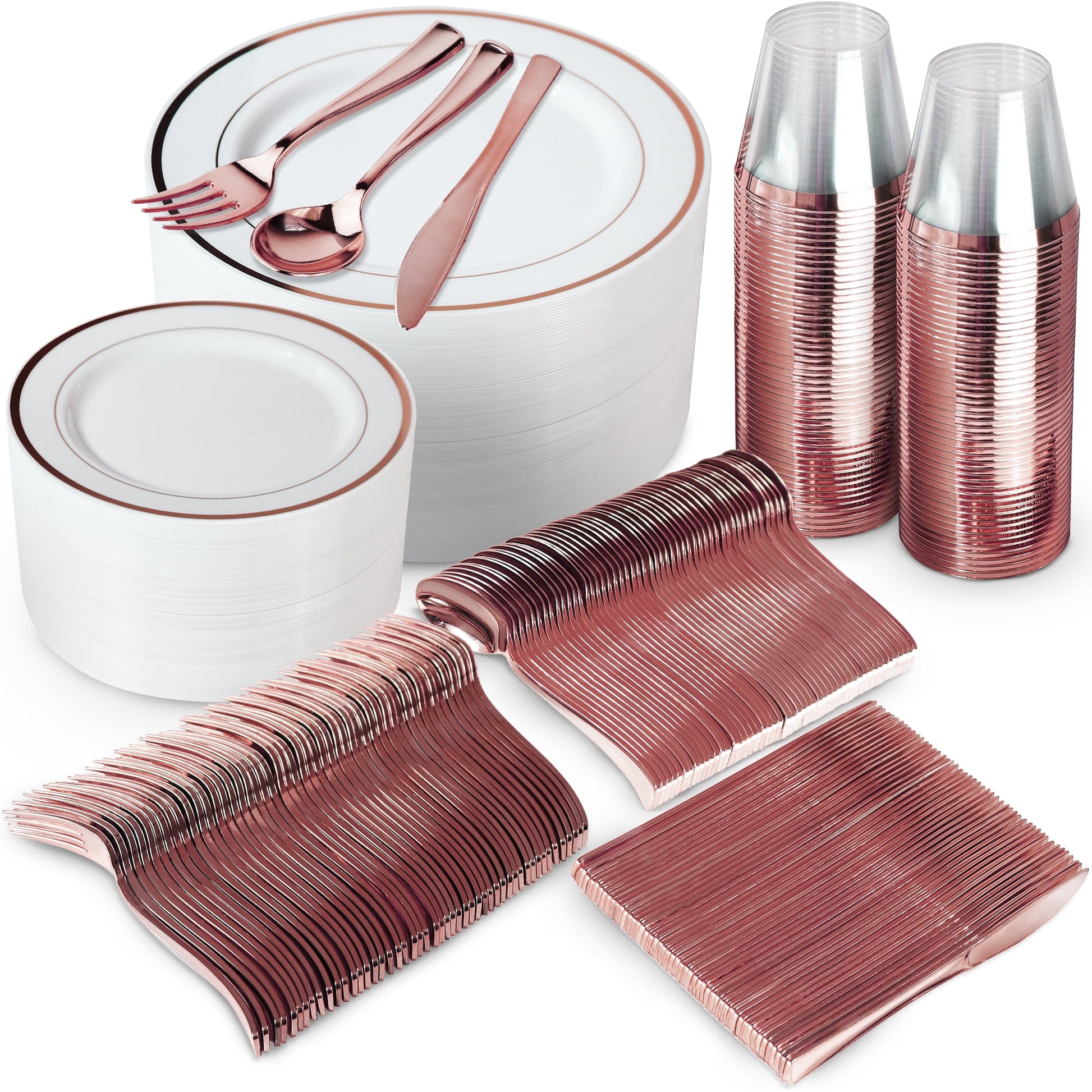 600 Piece Rose Gold Plastic Dinnerware Set Including Plates, Cutlery and Cups