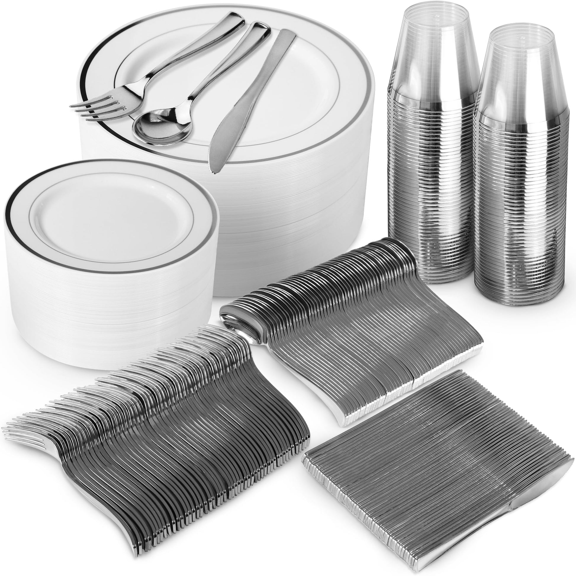 600 Piece Silver Plastic Dinnerware Set Including Plates, Cutlery and Cups