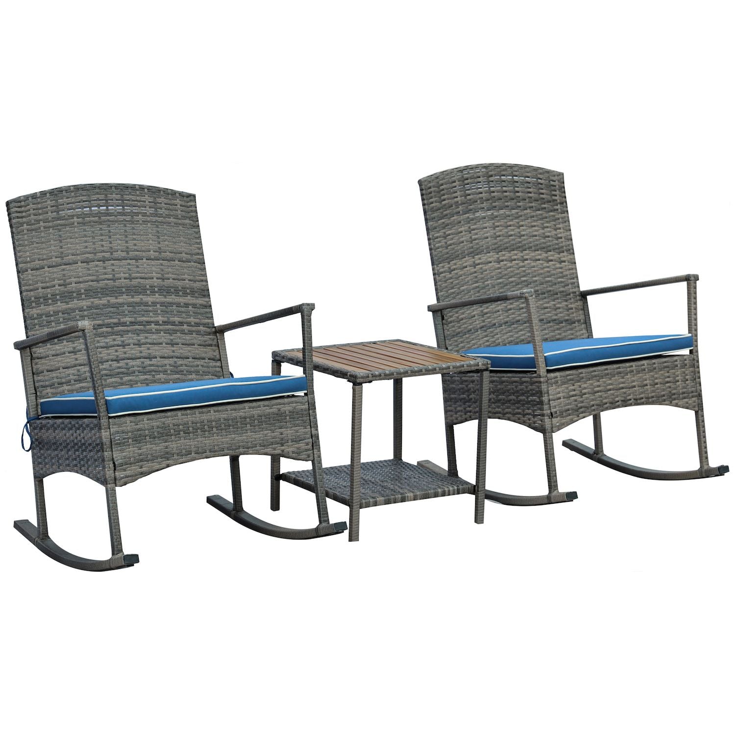 3pc Outdoor Wicker Rocking Chair Set, Pe Rattan, 2-tier Table, Wood, Grey