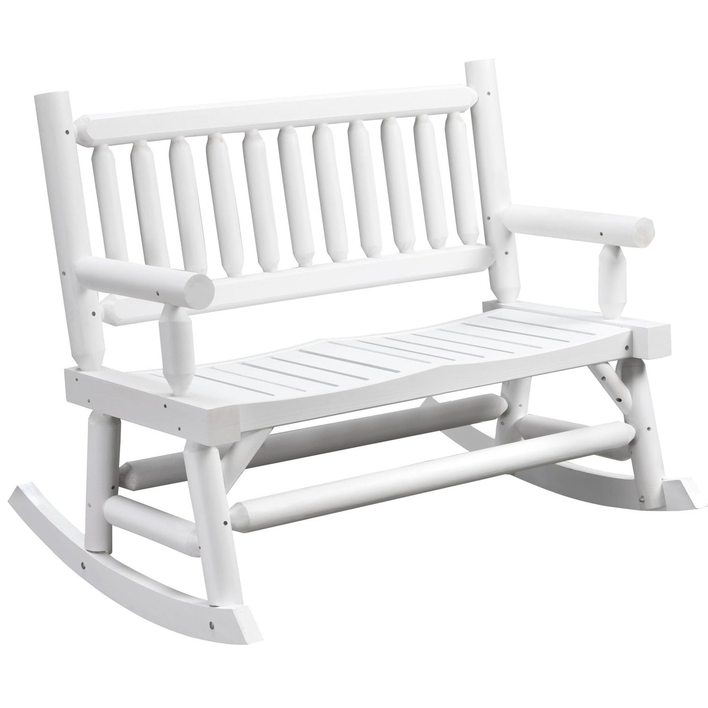 2-person Patio Rocking Chair Wooden Log Loveseat Rocker Backyard Garden White